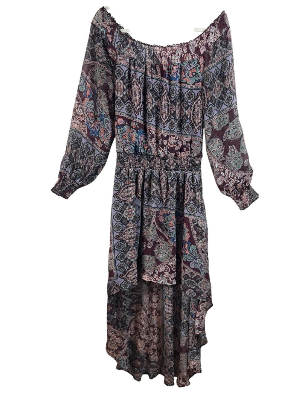 Fire Los Angeles Paisley Boho Off Shoulder High Low Dress M
